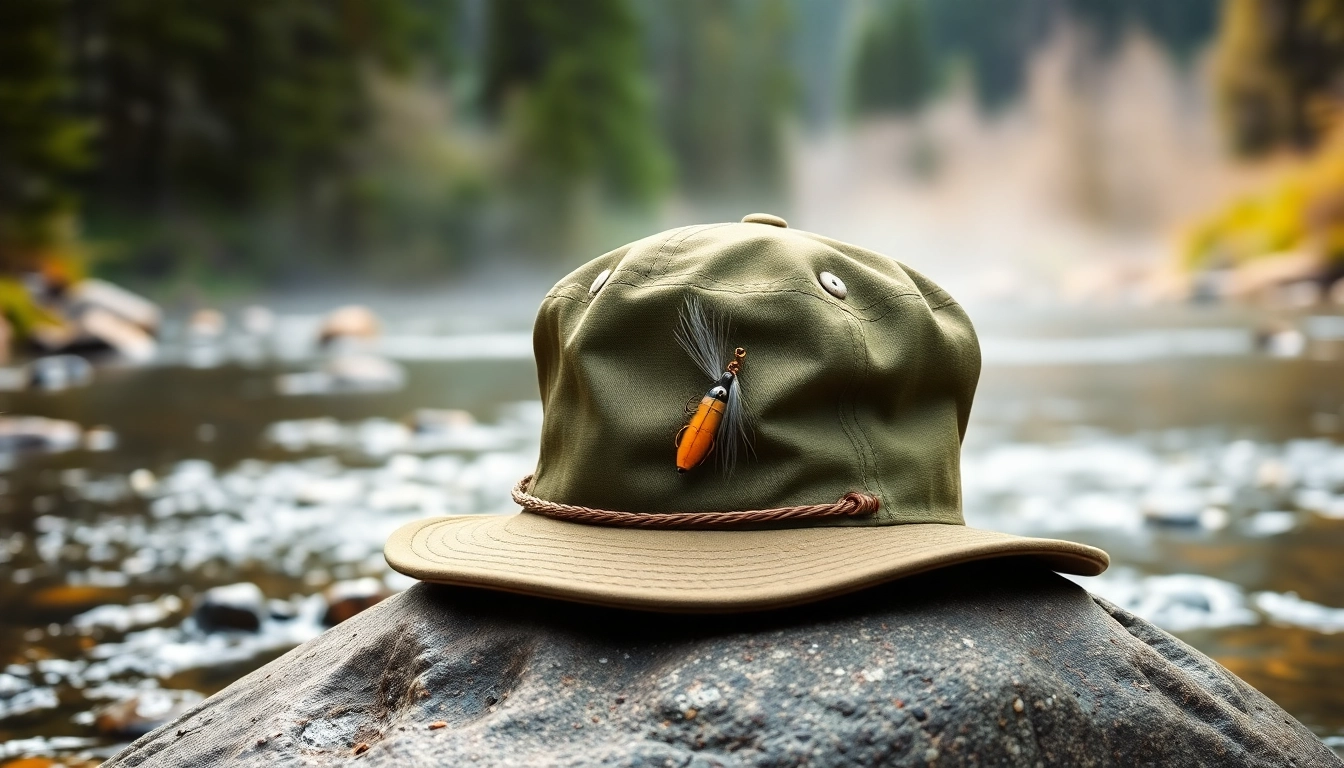 A fisherman wears a fly fishing hat while casting a line on a peaceful river.