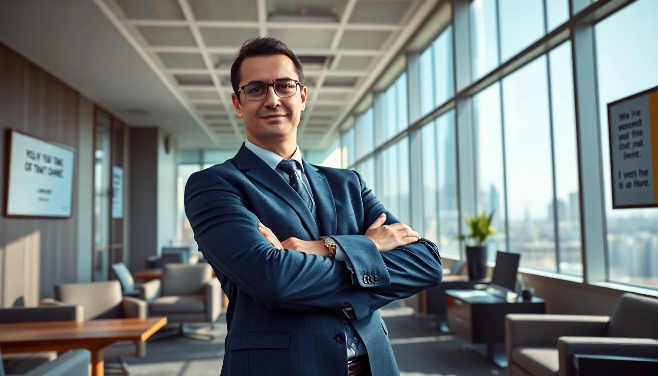 Demonstrating Executive Presence, a confident business leader in a modern office lighting.
