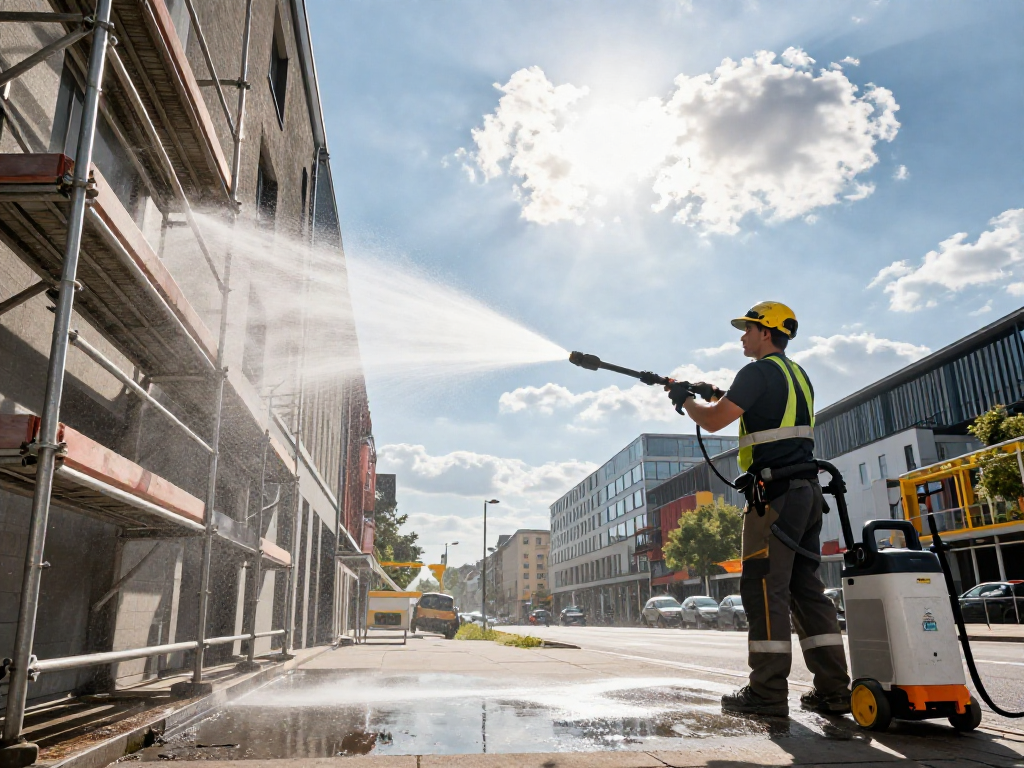 Fassadenreinigungsfirma in Dortmund reinigt ein Gebäude mit Hochdruckreinigung und umweltfreundlichen Reinigungsmitteln.