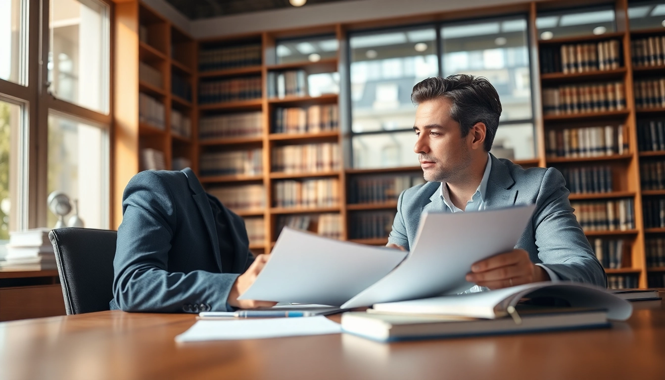 Intellectual property lawyer consulting with a client in a bright, professional office