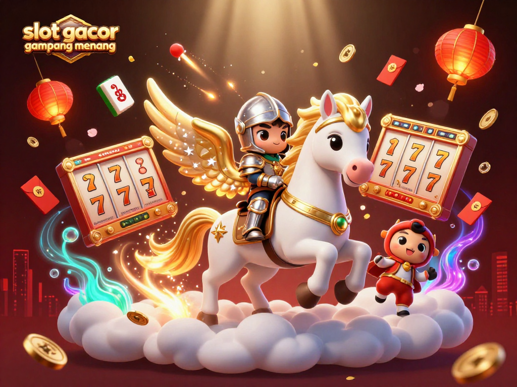 Experience slot gacor gampang menang with a vibrant 3D illustration of a mystical horse and knight surrounded by gaming elements