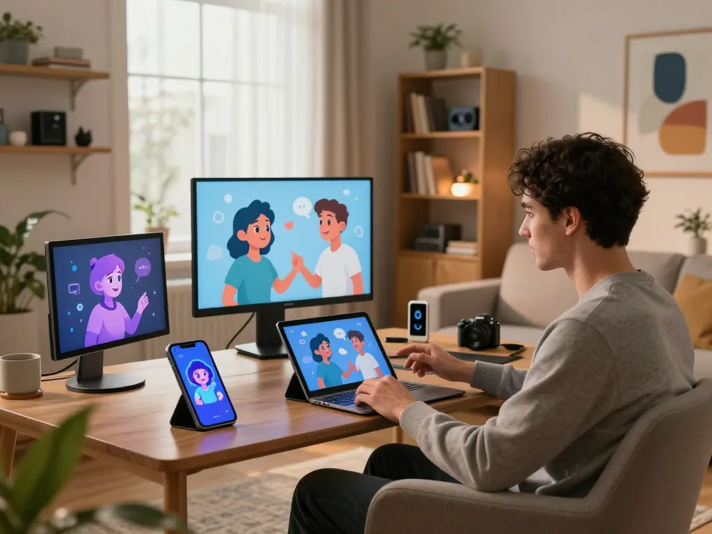 Engaging interaction with crush on ai characters in a cozy living room setup
