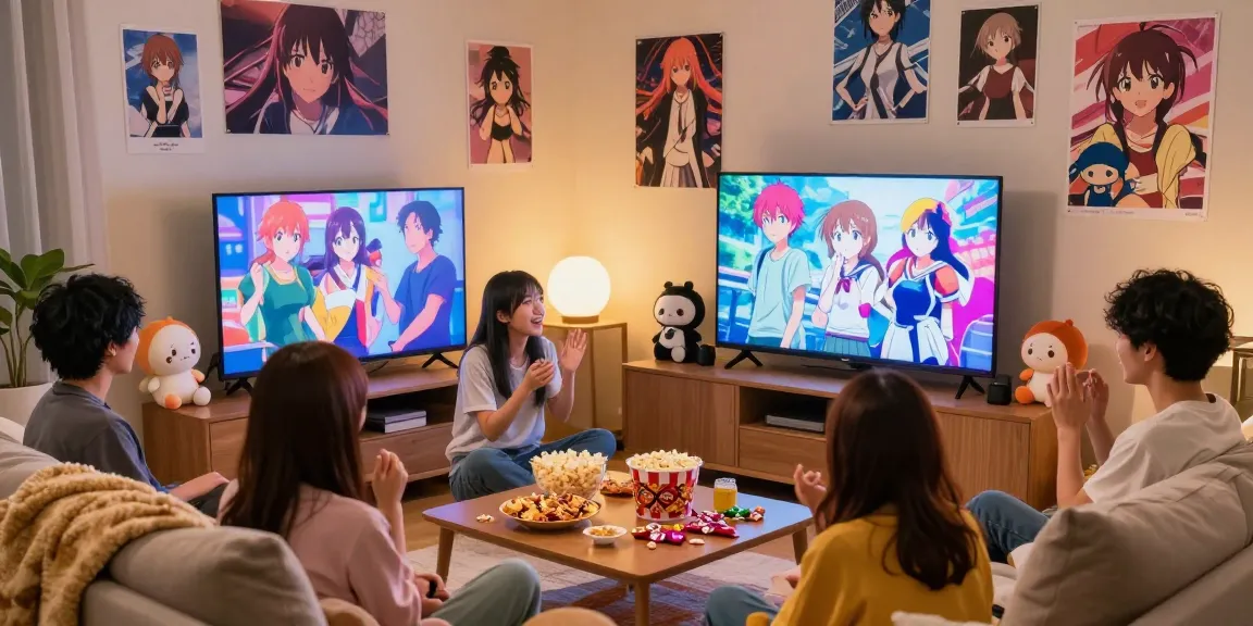 Animeplay - Penggemar anime berkumpul di ruang tamu nyaman menikmati anime dengan camilan.