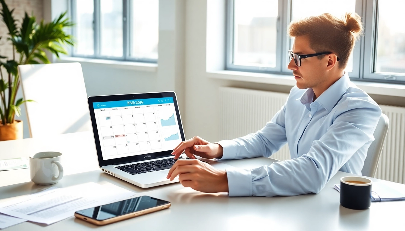 Modern workspace showing IPVA GO 2026 payment process on a laptop.