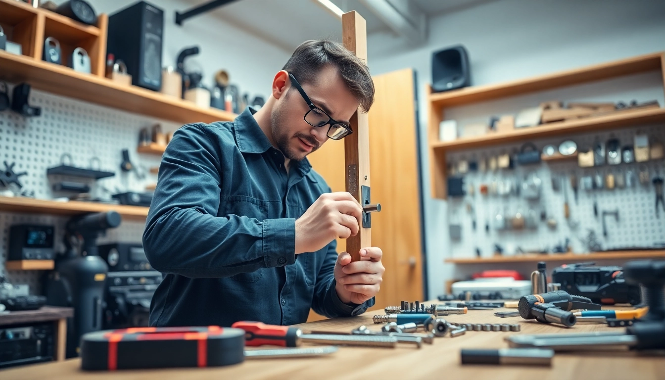 Locksmiths Durham providing expert services, adjusting a door lock in a well-equipped workshop.
