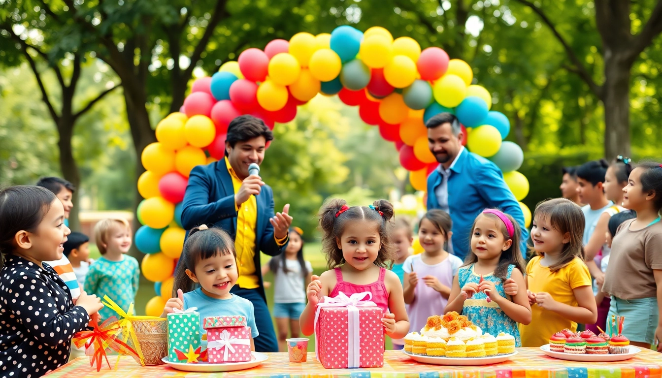 Engaging birthday party entertainers delighting children at a lively celebration.