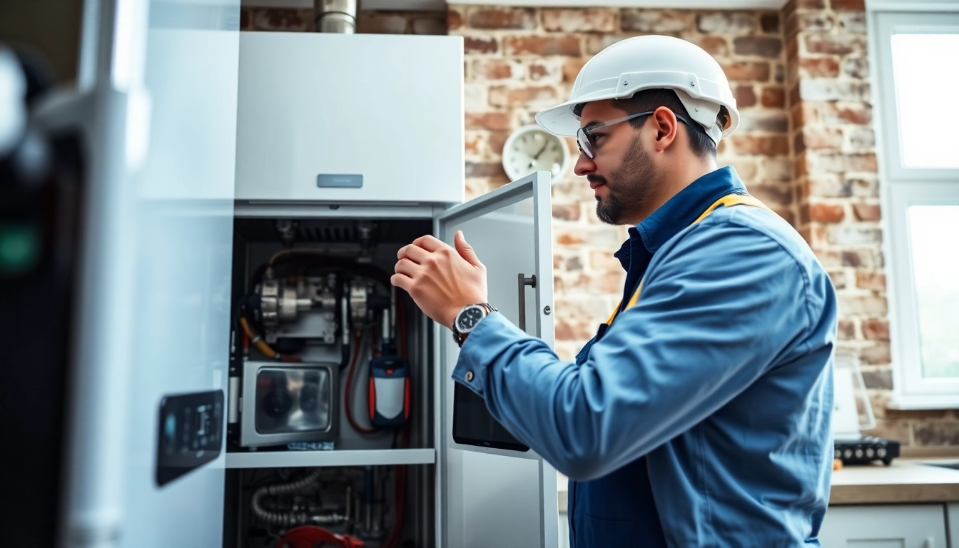 Gas engineer bristol examining a boiler in a bright kitchen with safety gear.