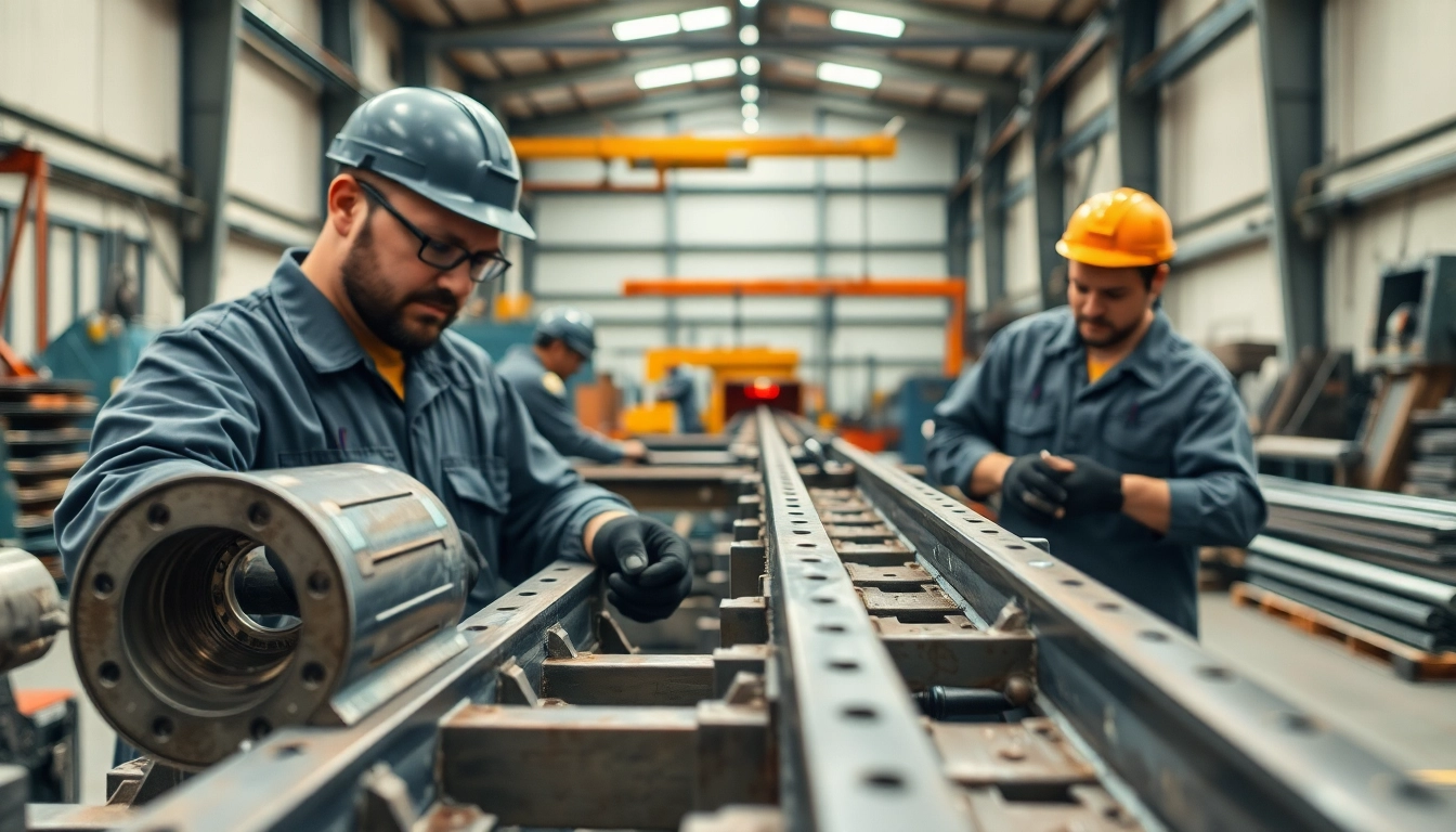 Steel fabricators near me actively working on metal components in a high-tech workshop.