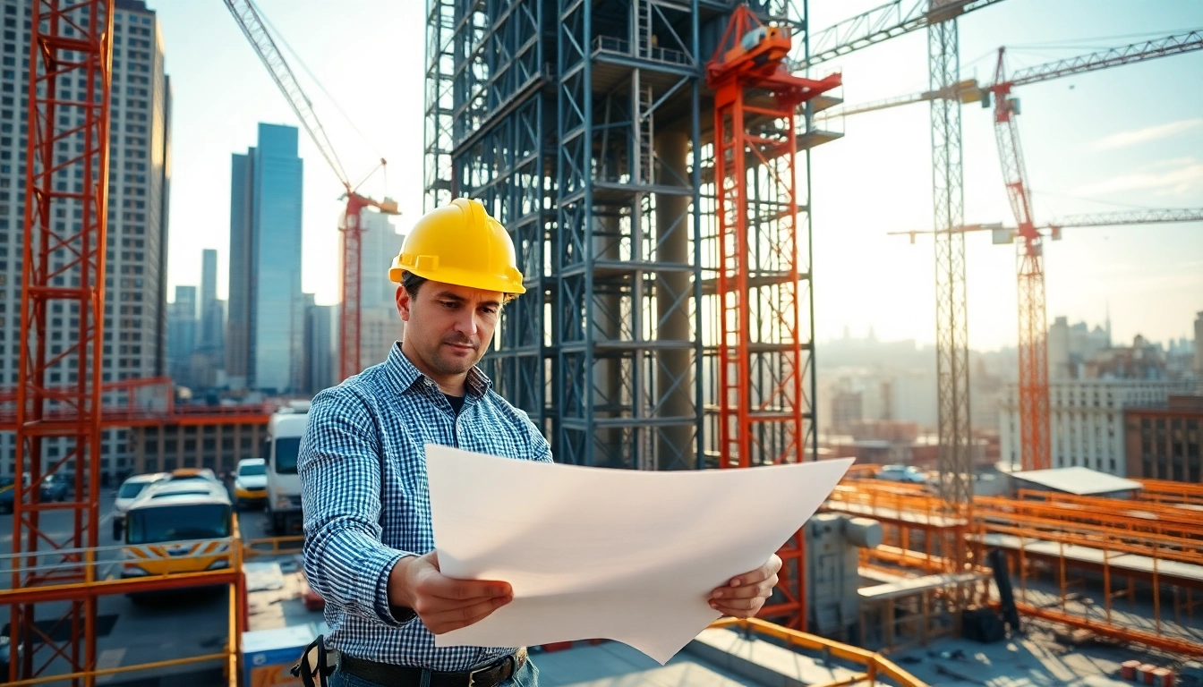 New York Construction Manager reviewing plans on site in vibrant NYC setting.