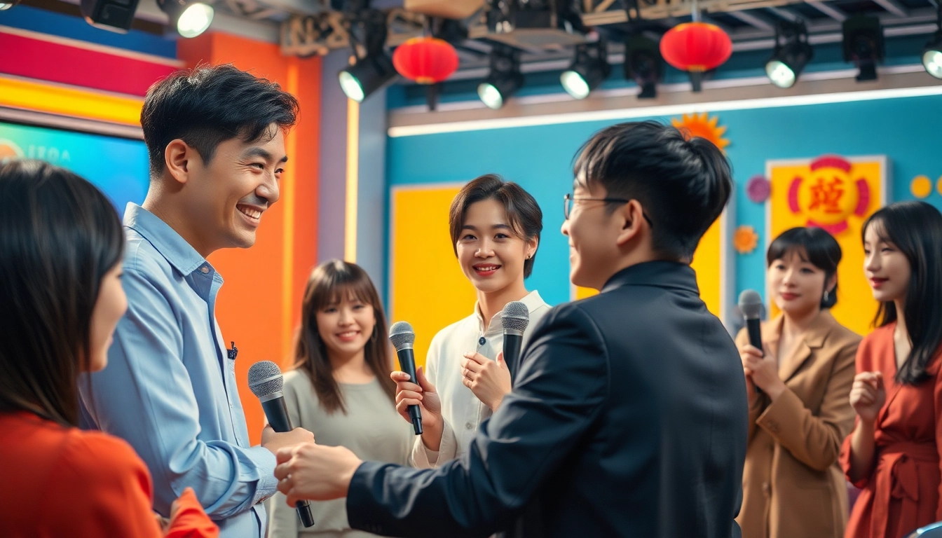위키티비에서 활기찬 한국 텔레비전 장면을 연출하는 연기자들.