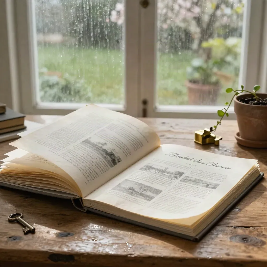 Sunlit fiction planning table with manuscript binder, chapter cards, scene map, paperweight and vine cutting.