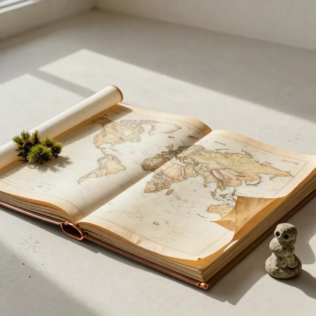 Handmade worldbuilding atlas with tracing sheets, clay weights, stone figure and moss on a pale studio floor.