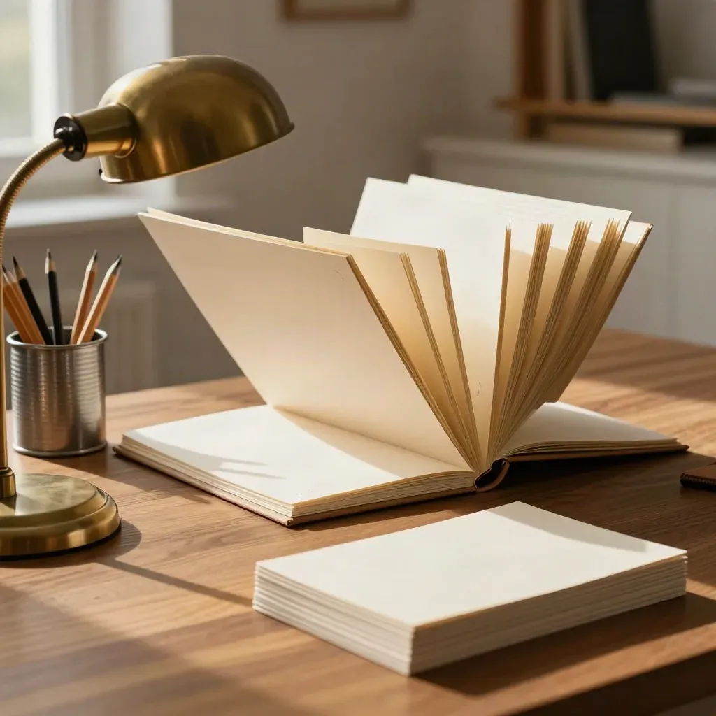 Open outline folder with dividers, pencil cup, lamp arm, and planning cards on a walnut surface.