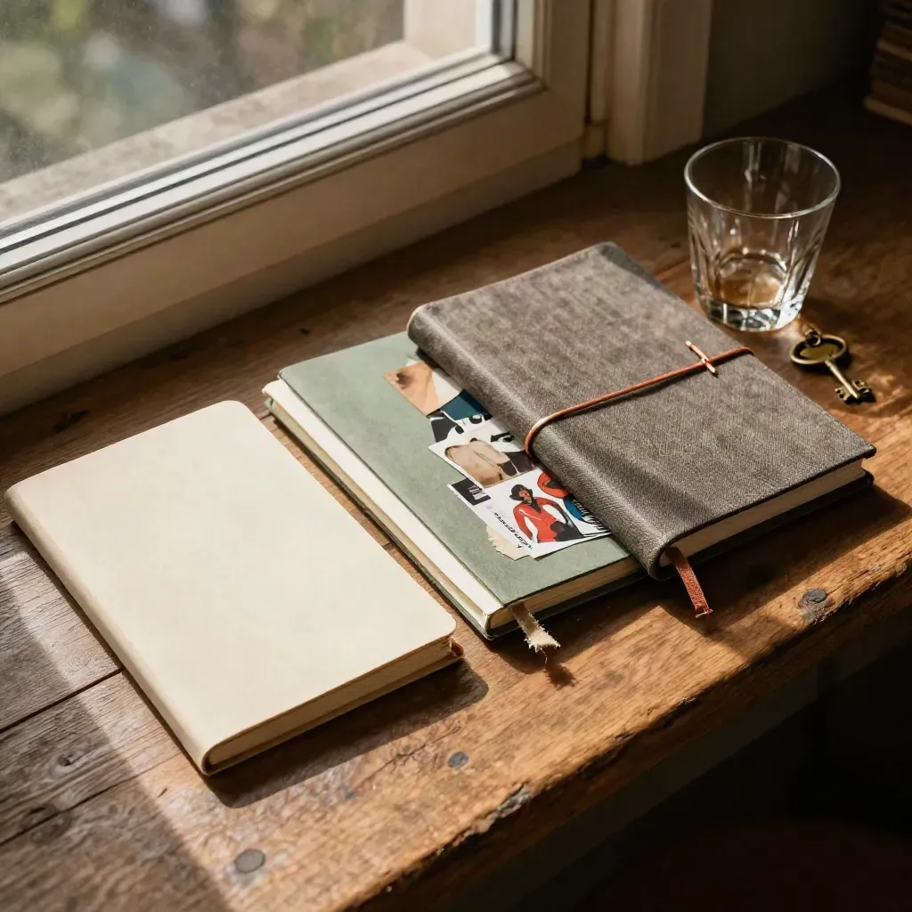 Top-down layered story notebooks, swatches, a key charm and glass on a sunlit window ledge.