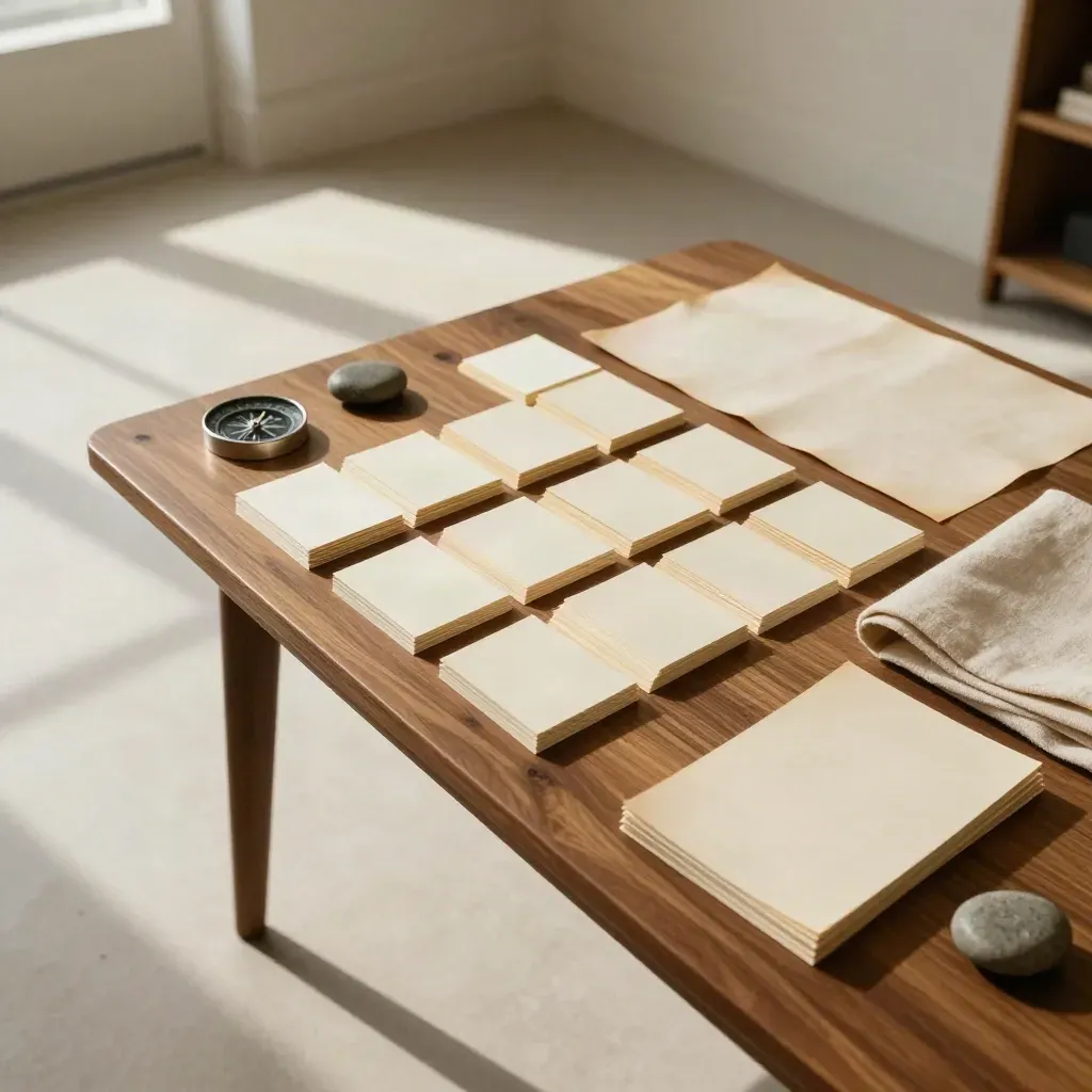 Writer’s planning table with blank cards, compass stone, folded cloth, and pebble in a studio