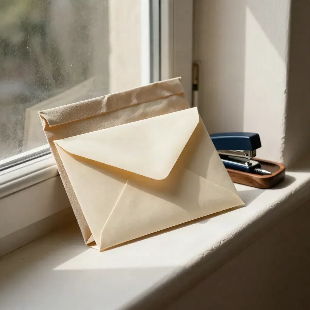 Sealed query packet, stapler, and mailer sleeve on a hallway ledge in soft evening light.