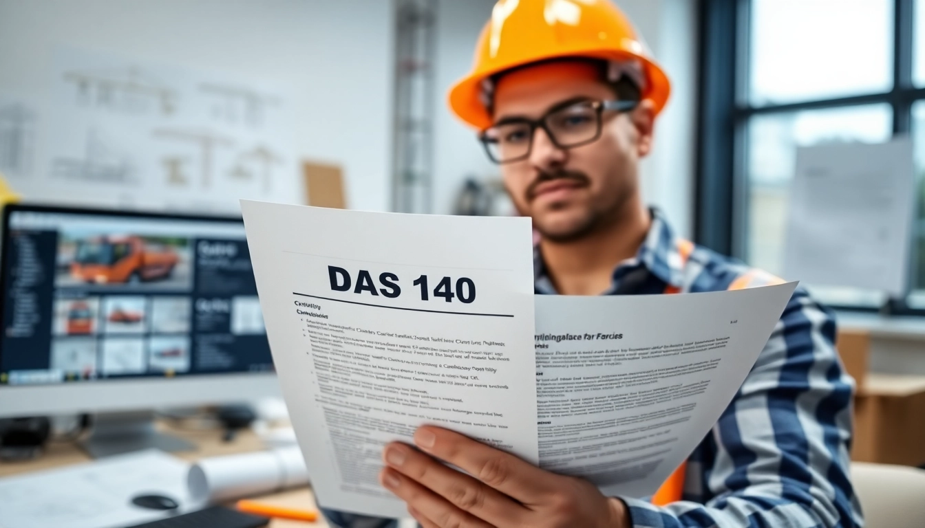 Reviewing the DAS 140 form in a professional construction setting with blueprints.