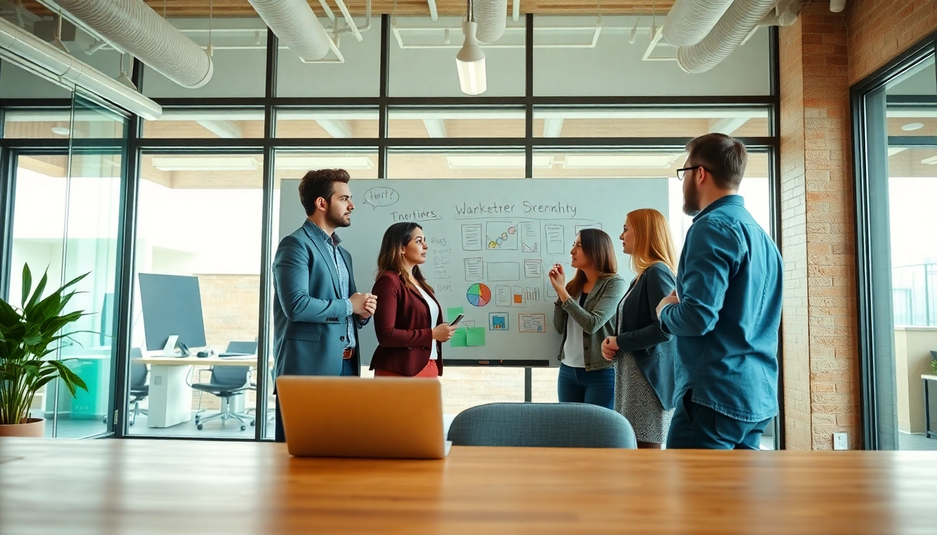 Digital marketing company team collaborating in a bright office atmosphere.