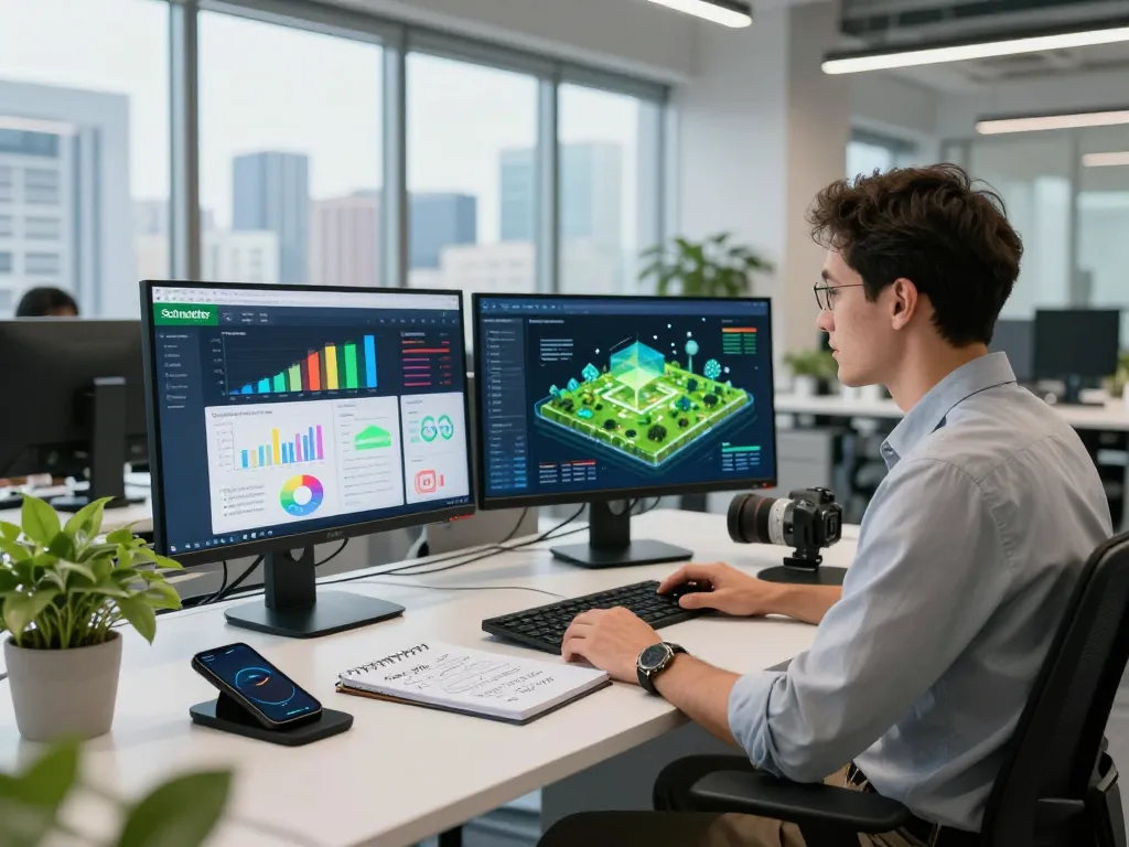 Engineer at Schneider Electric workspace analyzing energy management solutions.