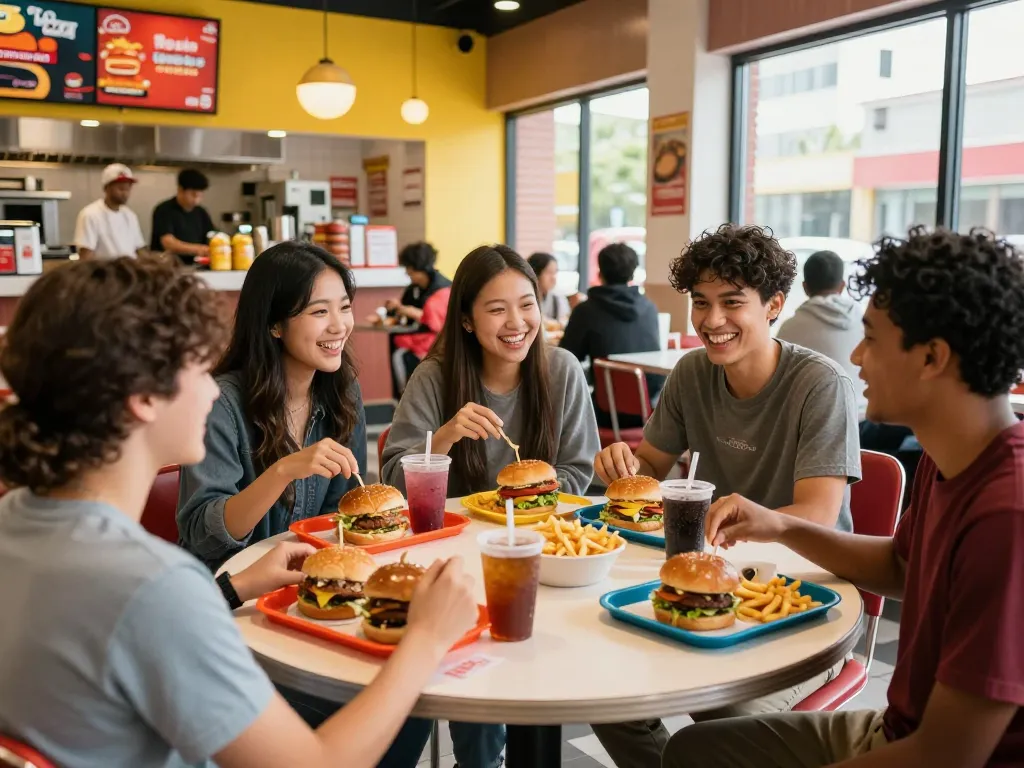 Fast food prices displayed on vibrant menus in a bustling restaurant atmosphere.