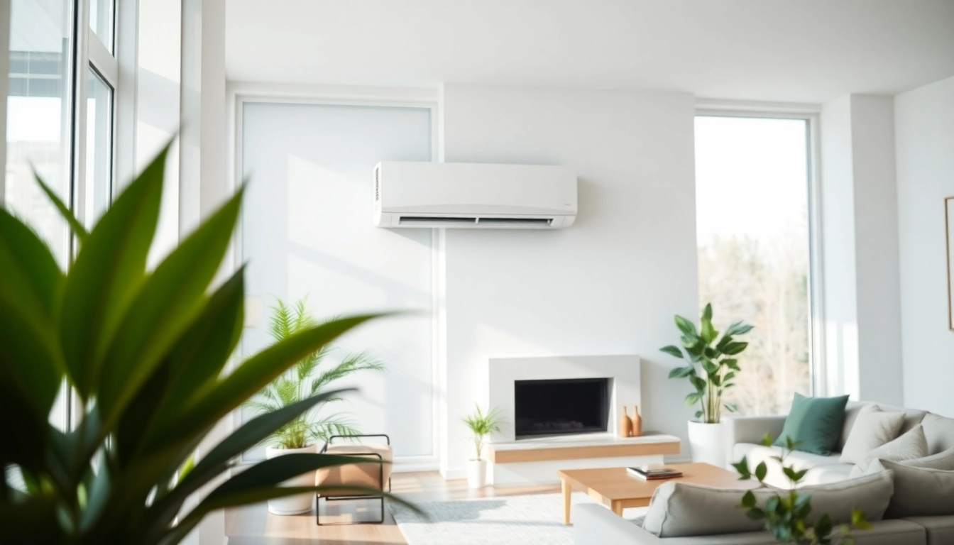 A technician installing a Mitsubishi mini split ac in a modern living room, showcasing its sleek design.