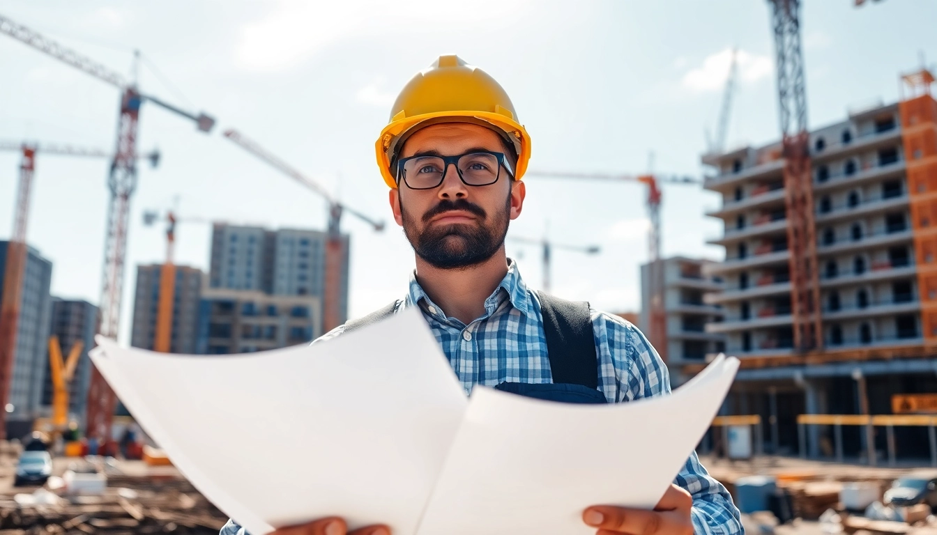New York General Contractor managing a construction site with blueprints and cranes.