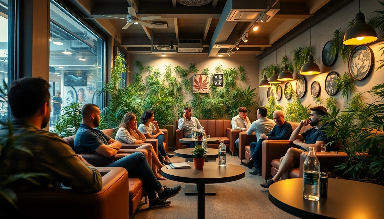 Besucher genießen die entspannte Atmosphäre im cannabis club hamburg mit gemütlichen Sitzbereichen.