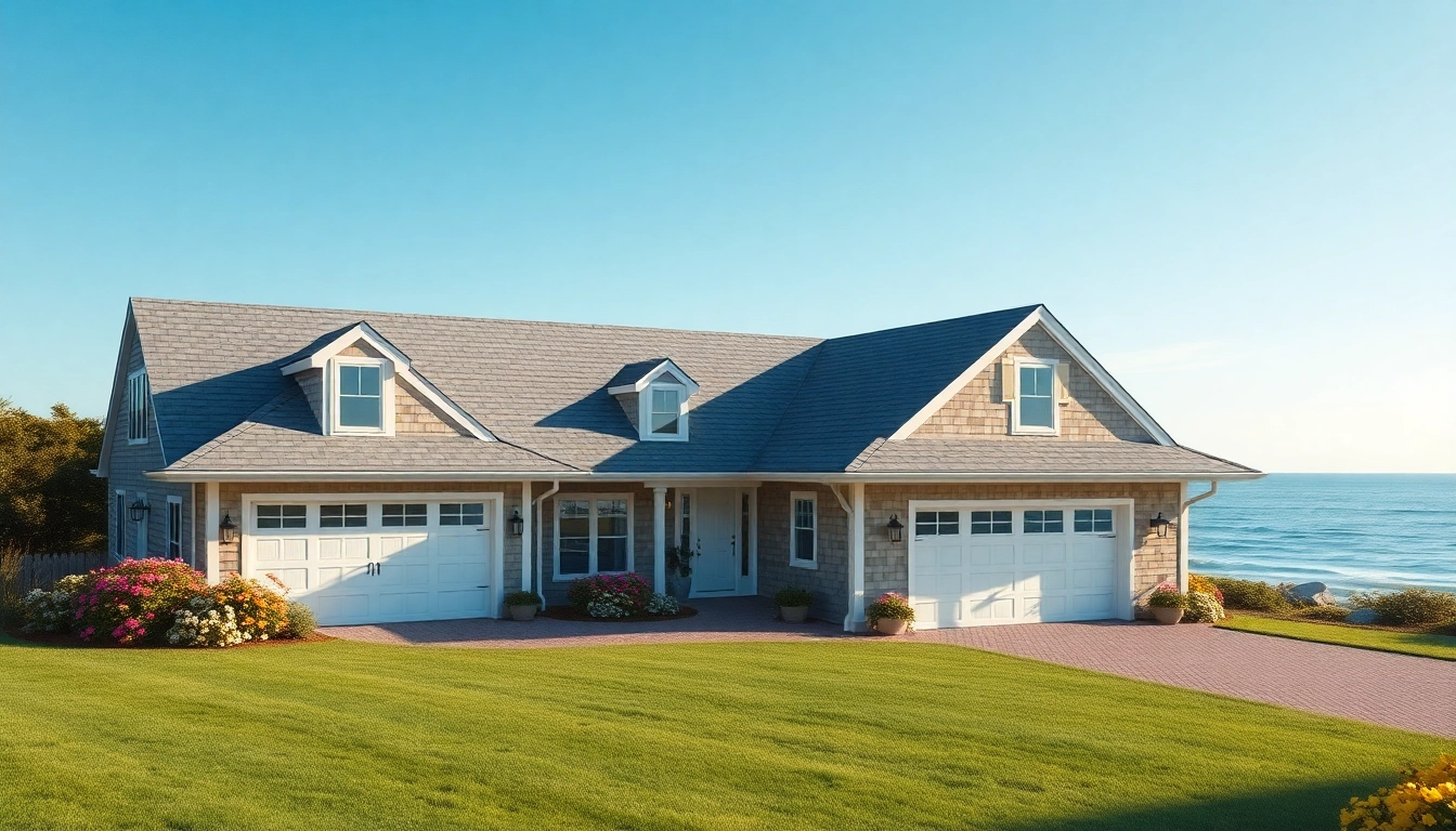 Architectural view of a stunning cape cod home with an attached garage, complemented by lush green landscaping.