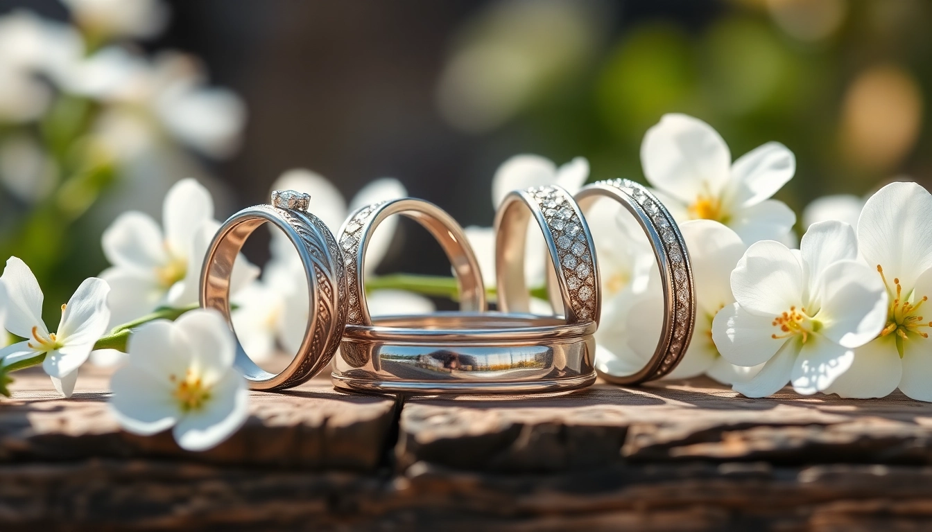 Admire stunning wedding bands highlighting unique designs and sparkling elements on a wooden table.
