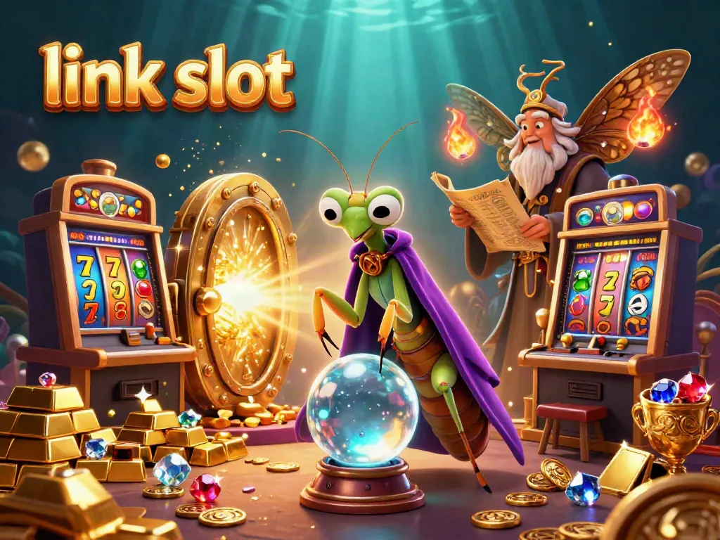 Menangkan jackpot dengan link slot, ilustrasi 3D karakter kasino magis dan mesin slot yang bersinar.