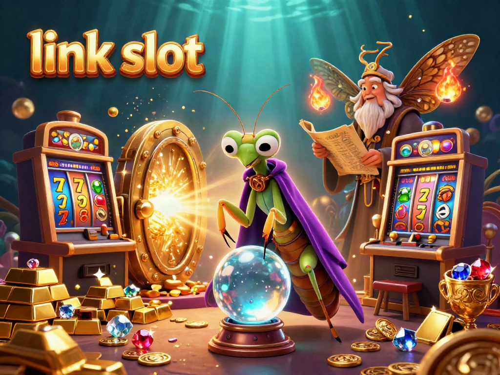 Menangkan jackpot dengan link slot, ilustrasi 3D karakter kasino magis dan mesin slot yang bersinar.