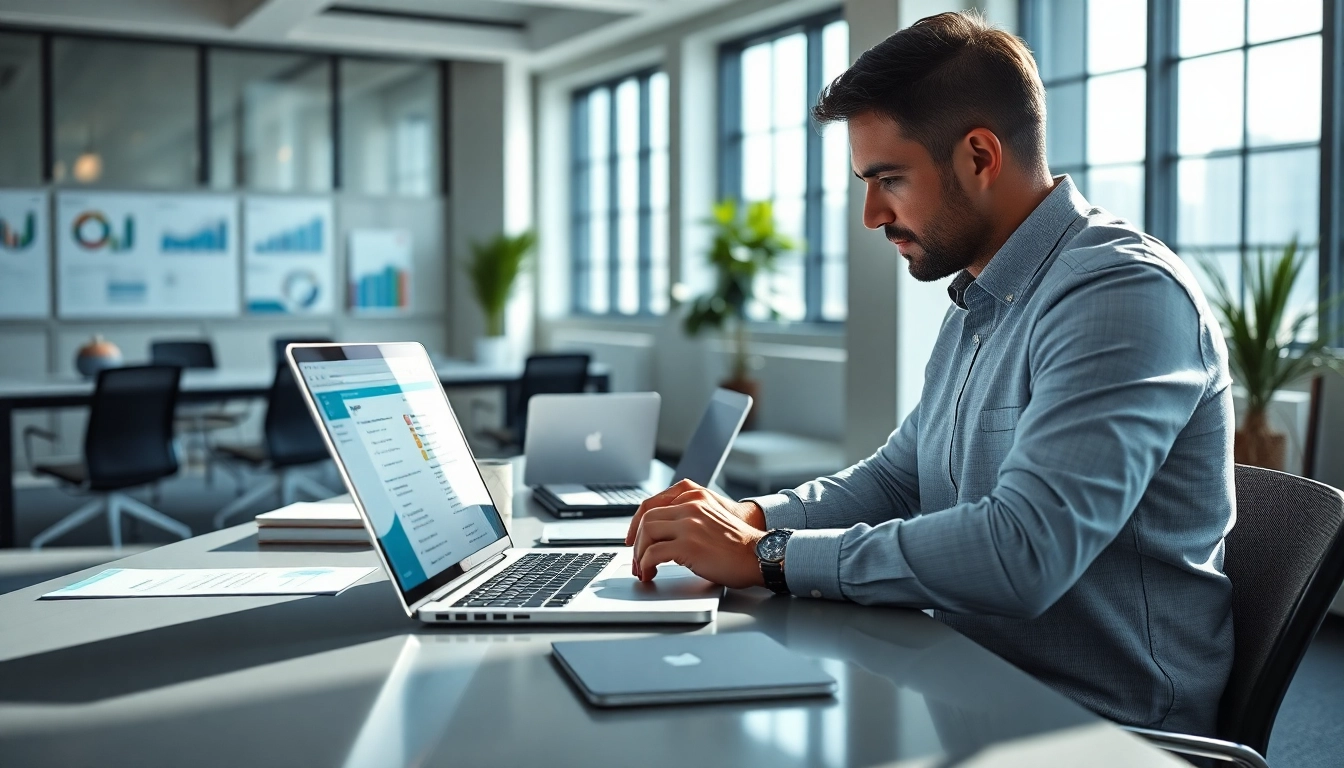 Using a linkedin sales navigator scraper on a laptop in a bright office environment.