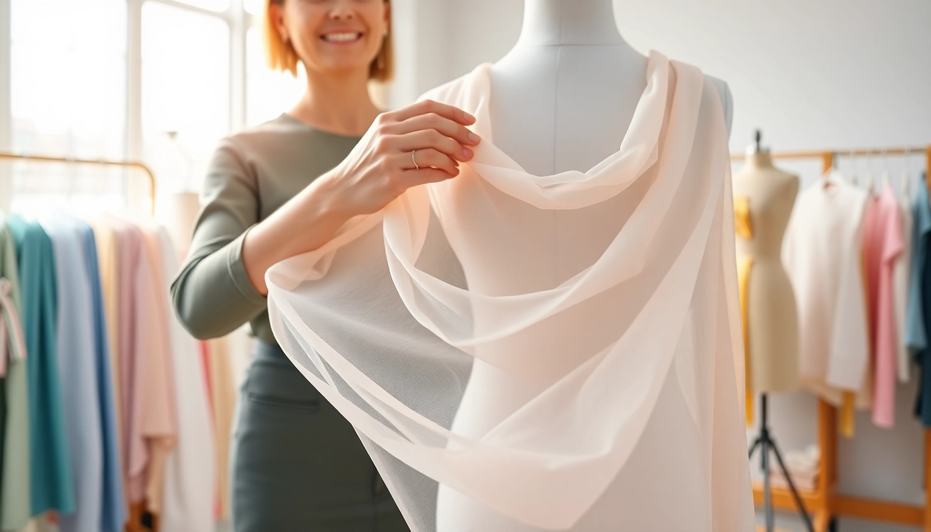 Creatieve ontwerper werkt met chiffon stof in een moderne studio, met kleurrijke achtergronden.