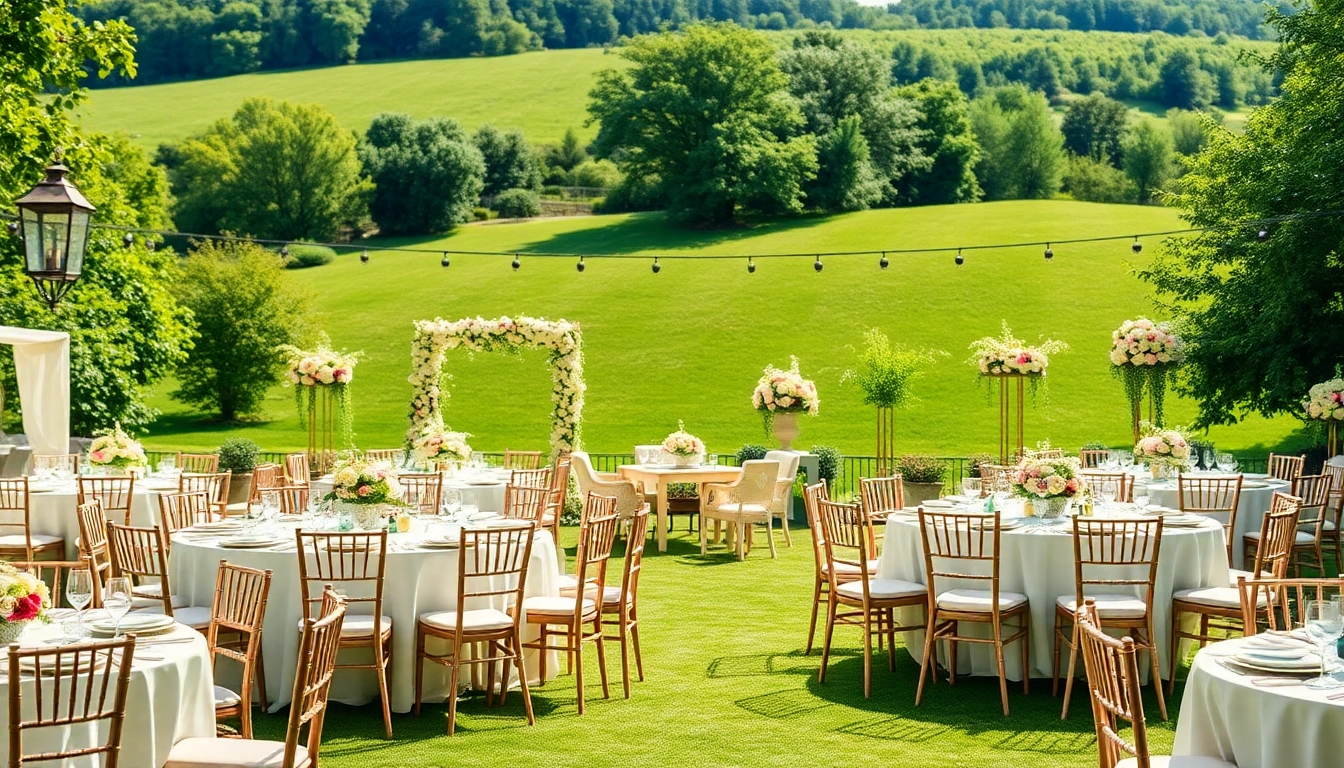 Event Rentals displayed in a professionally arranged outdoor garden setup with tables and decor.
