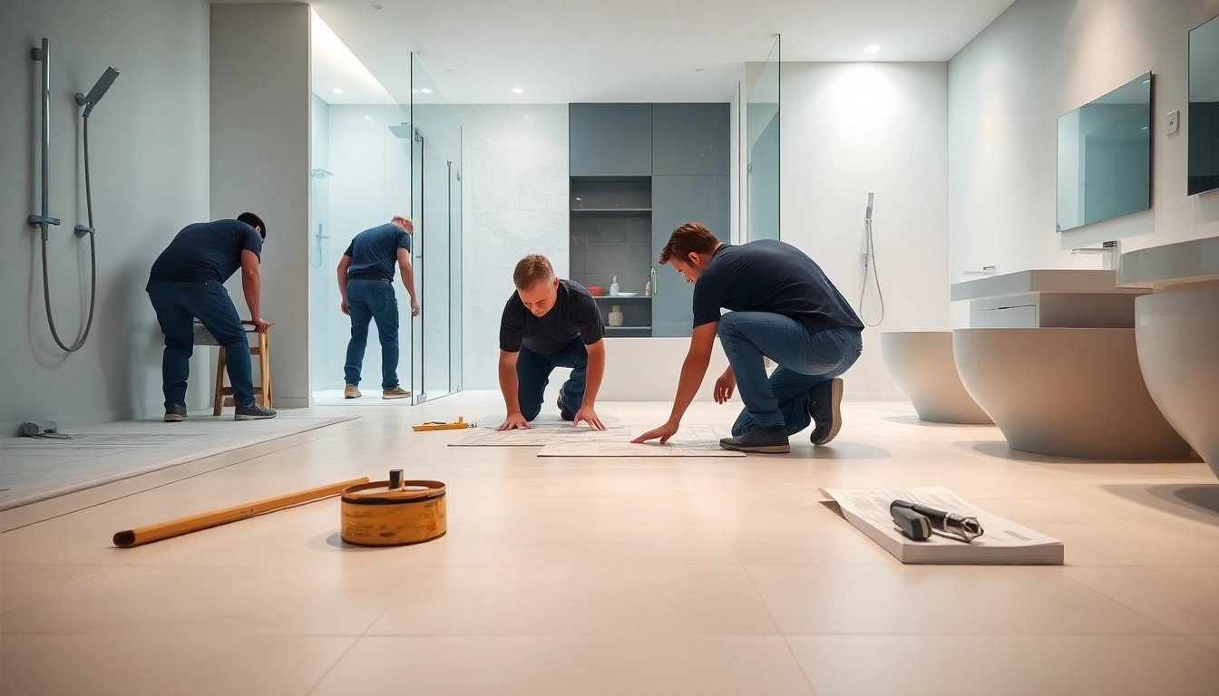 Wet room contractors skillfully transforming a bathroom with modern tiles and fixtures.