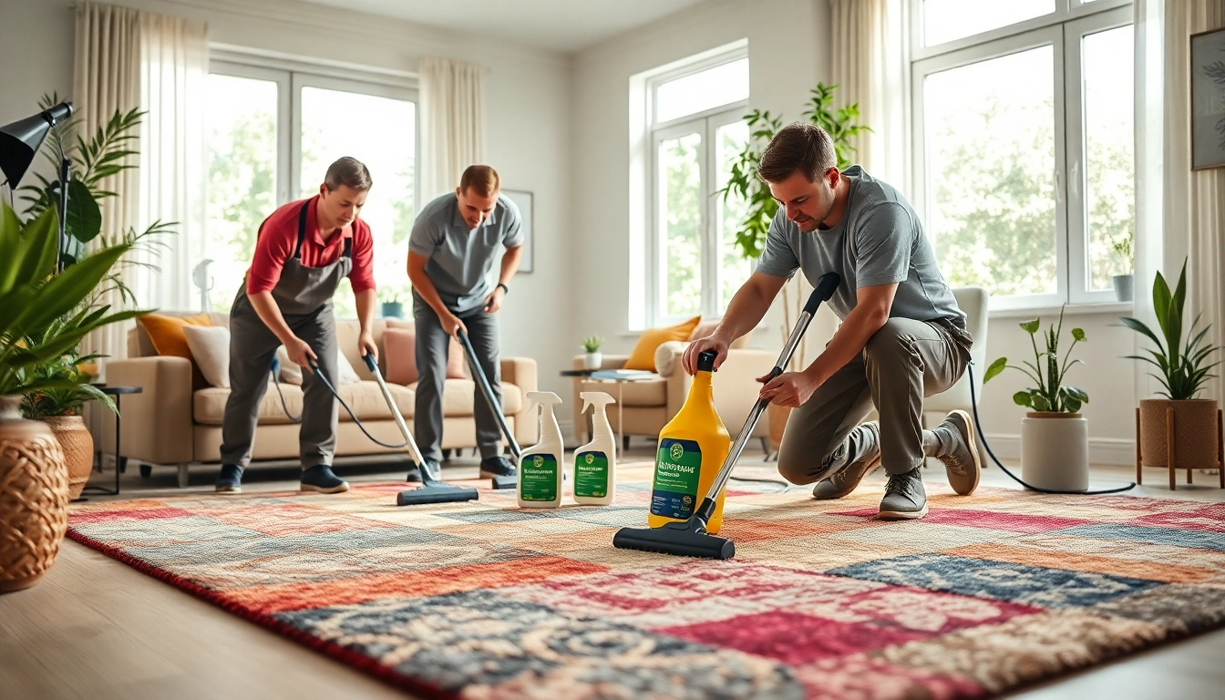 Local carpet cleaners working diligently in a well-lit home, demonstrating eco-friendly techniques for a fresh carpet.