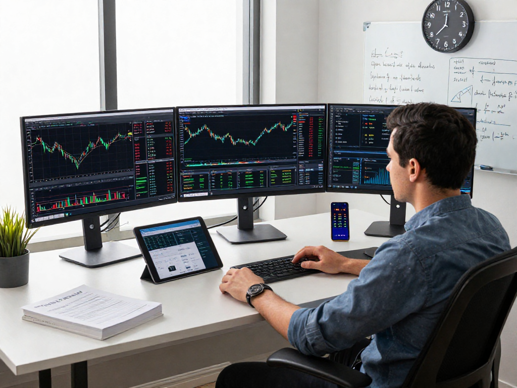 MetaTrader 5 交易工作区，交易者在现代办公环境中专注分析数据，显示实时市场和交易策略。