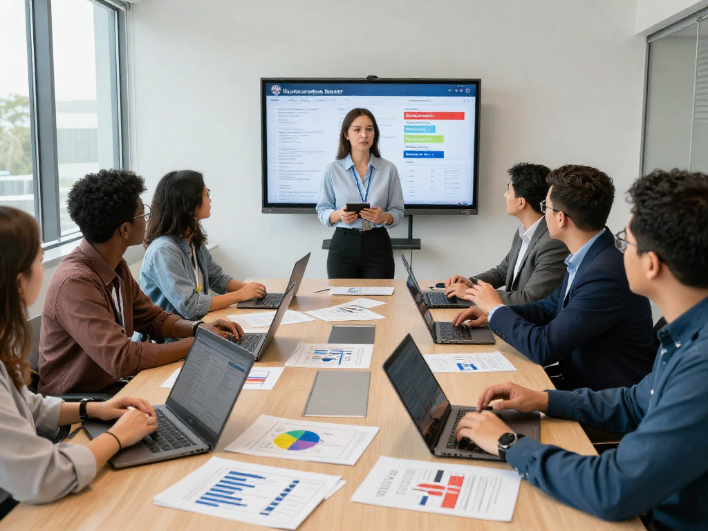 Team strategizing for a political media buying agency with data analytics in a modern office.