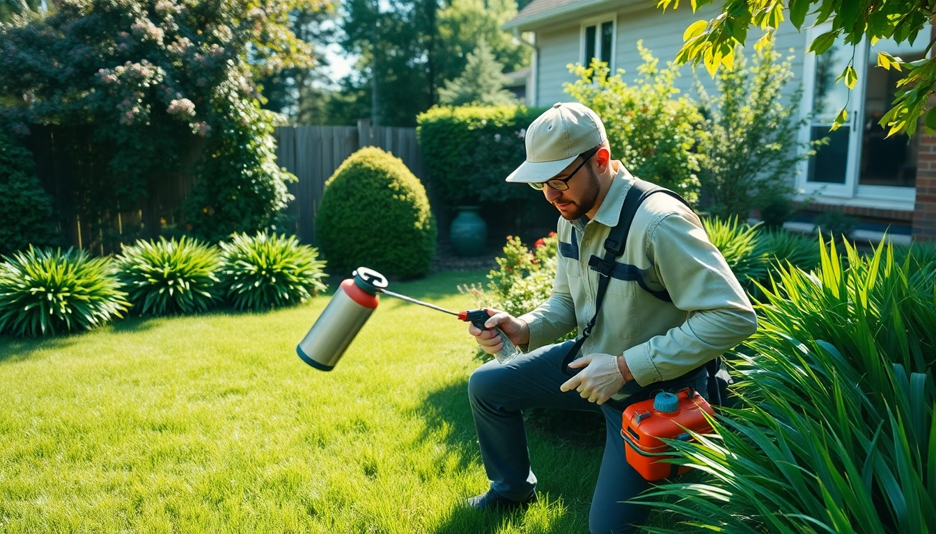 Understand how much is pest control service with a technician assessing a backyard.