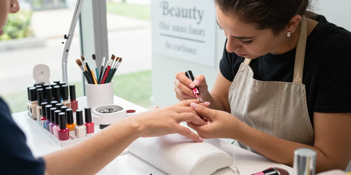 Aplicarea bazei și a top coat-ului unghii într-un salon de frumusețe luminos cu unelte profesionale și oja gel colorată.