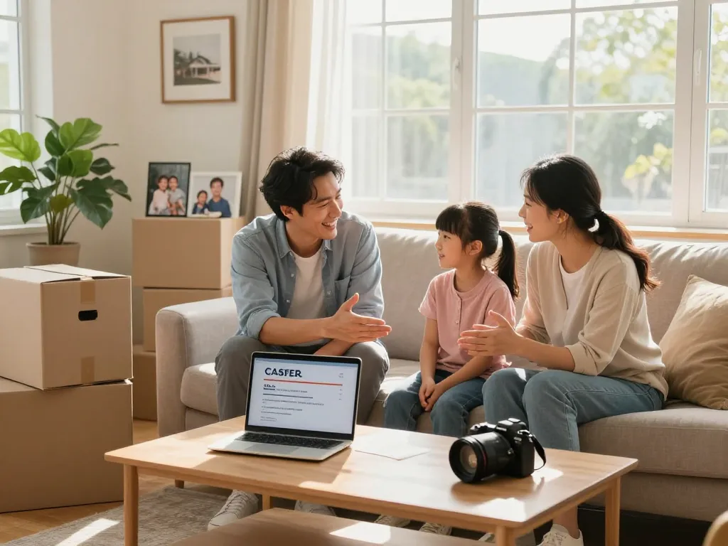Family discussing fast cash for homes in a cozy living room with moving boxes.