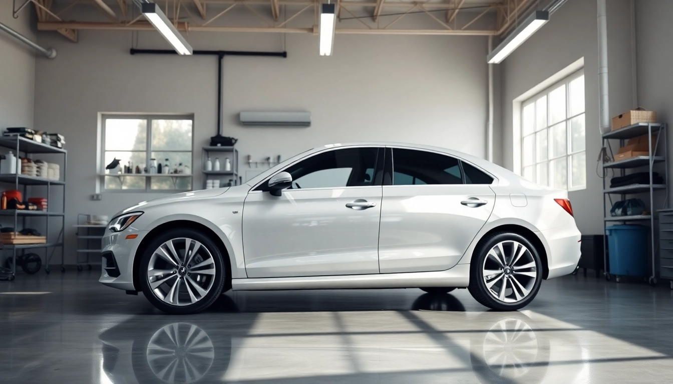 Expert interior and exterior car detailing demonstrated on a beautifully polished vehicle in a well-lit garage.