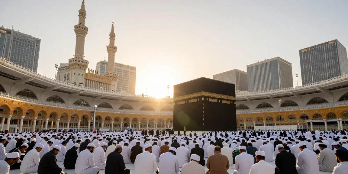 Immerse in Umroh Itikaf experience with this sacred travel guide, capturing pilgrims in prayer at Kaaba, in a vibrant tourism destination.