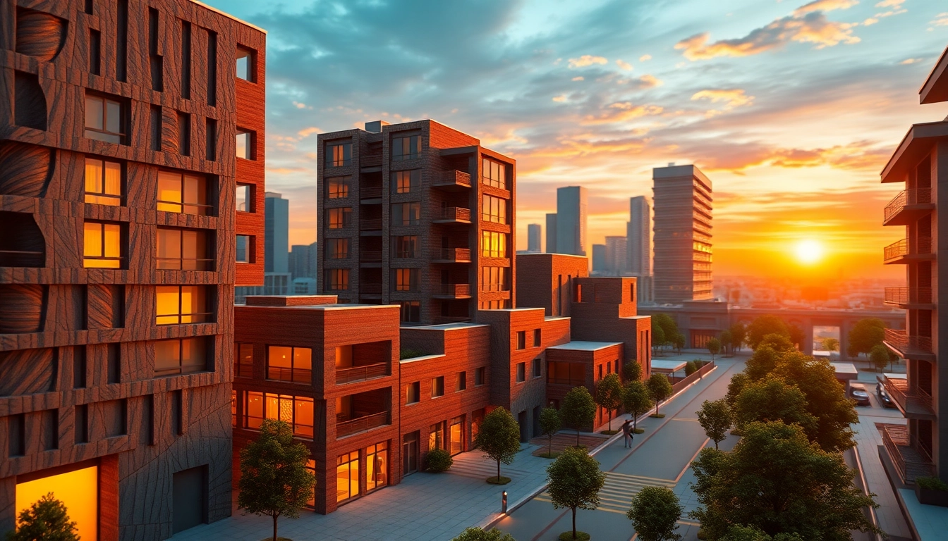 3D Visualisierung erstellen von modernen Architekturdesigns in lebendiger Stadtlandschaft.