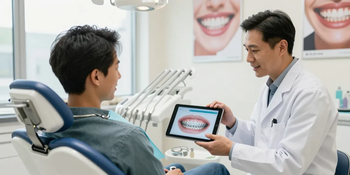 Discussing metal braces treatment in a modern dental office
