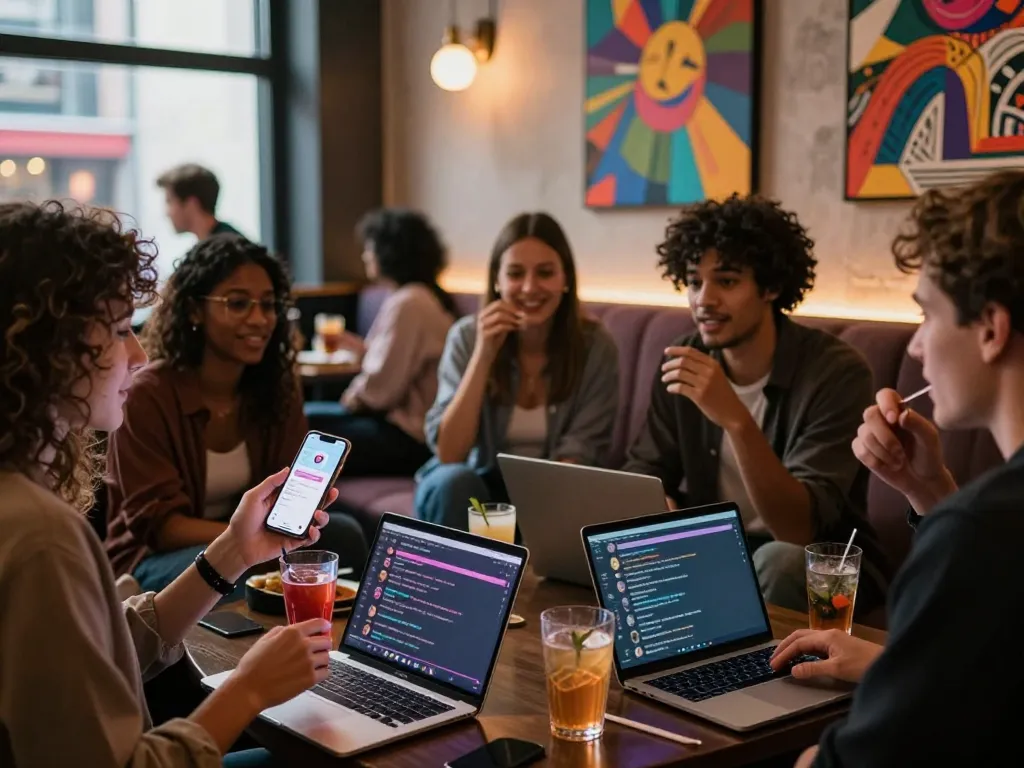 Friends enjoying an intimate moment using sex chat AI app in a vibrant lounge setting.