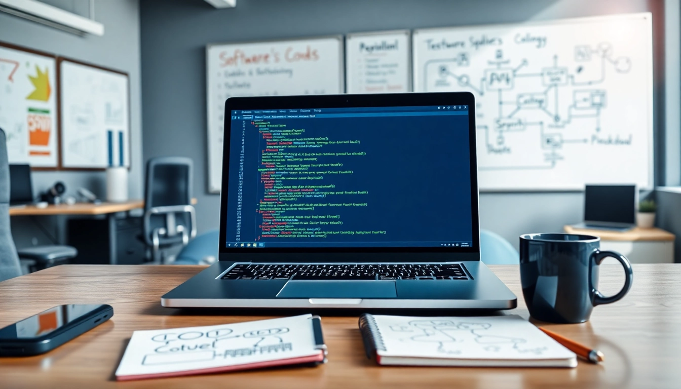 Implementing a test automation tool with a laptop showcasing code and strategies in a bright office.