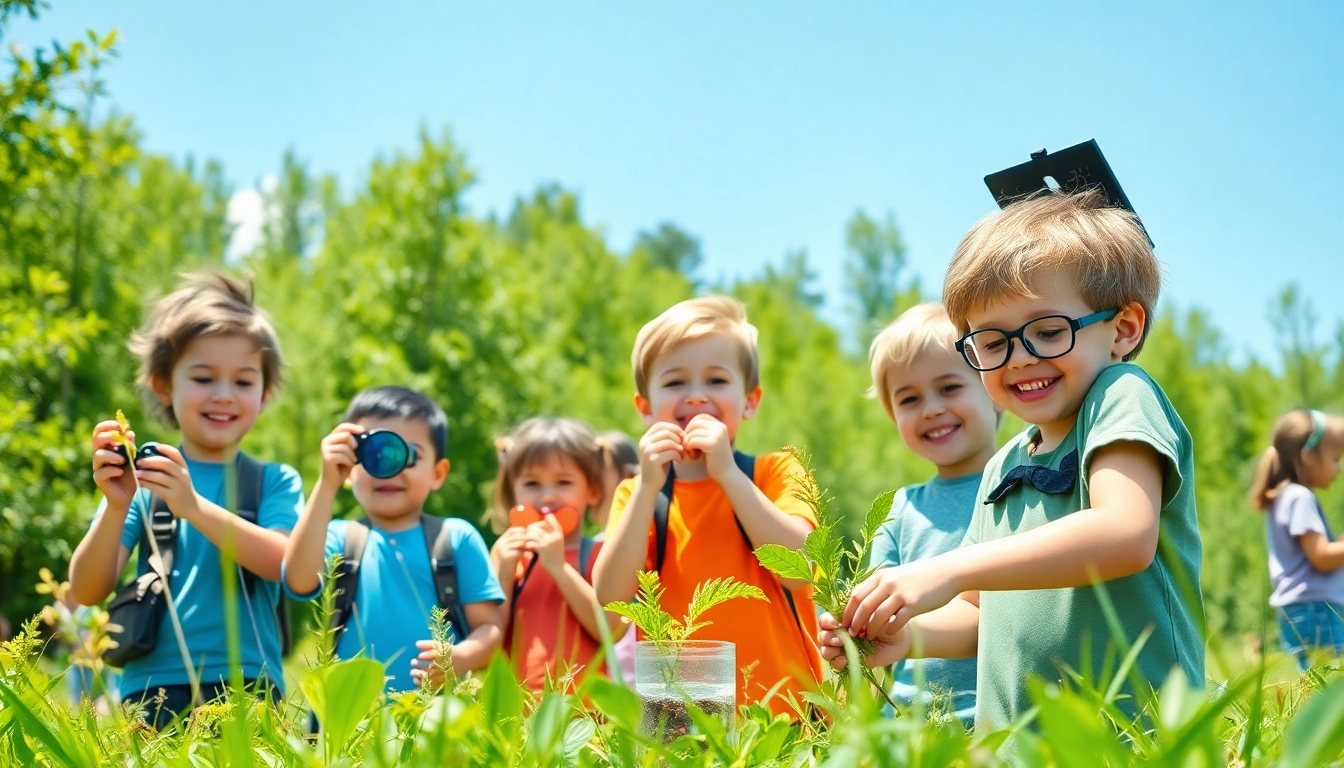 Children enjoying hands-on learning at a science and nature camp, engaging in outdoor activities.