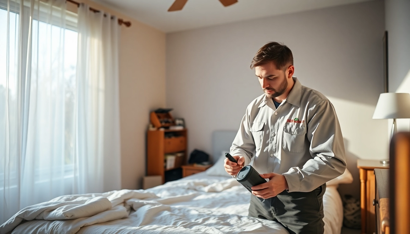 Thorough bed bug pest control inspection by a professional technician in a tidy bedroom.