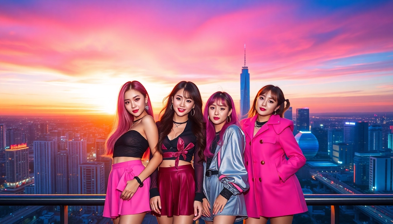 Blackpink members posing dynamically against a vibrant city sunset backdrop.